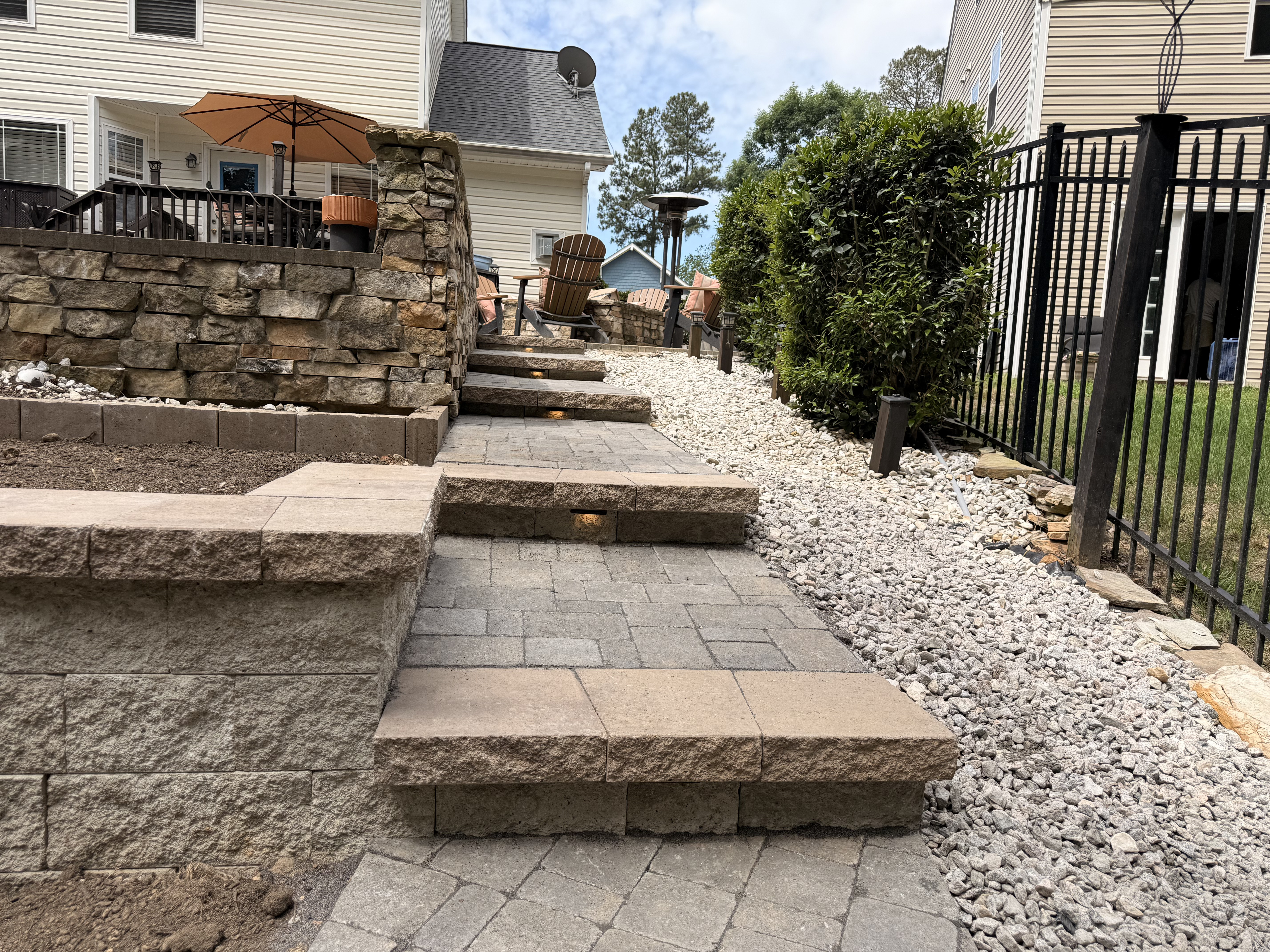 Steps, retaining wall, & lighting
